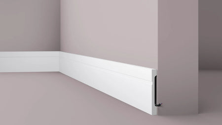 FD15 2M WALLSTYL SKIRTING BOARD with cable channel corner detail on a light-colored wall| DecorMania UK 