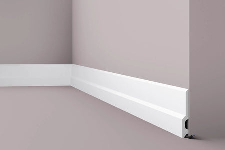 FD22 2M WALLSTYL SKIRTING BOARD with cable channel corner detail on a light-colored wall  | DecorMania UK 