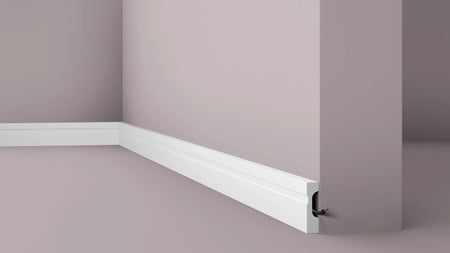 FD7 2M WALLSTYL SKIRTING BOARD - Skirtings with cable channel corner detail on a light-colored wall | DecorMania UK 